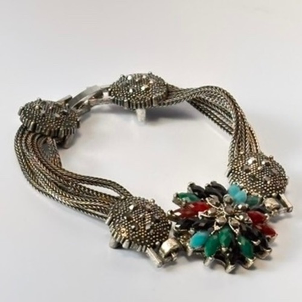 Vintage Bracelet Silver Multi Strand Acrylic Cabochon Boho Statement Whimsygoth